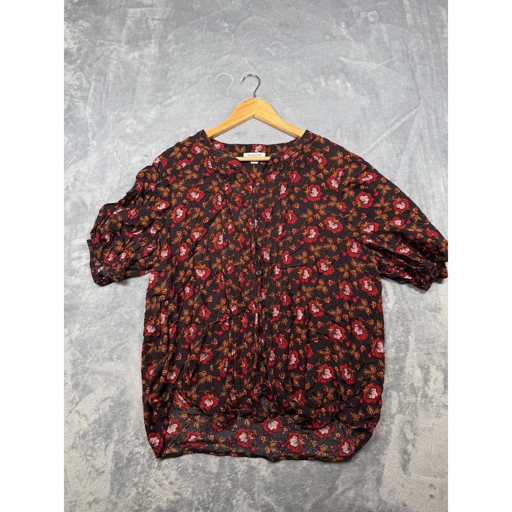 Beach Lunch Lounge Blouse Top Womens XL Multi Floral Pintuck Detail Button Front